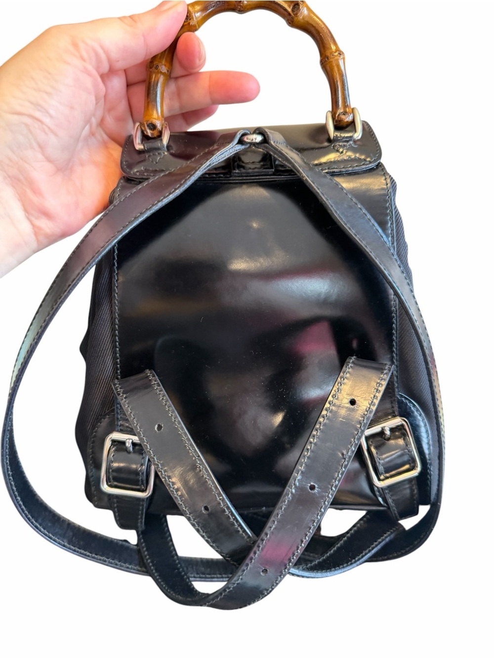Authentic Gucci Black Backpack Mini Drawstring Nylon Leather Trim W/Dust Bag - Picture 4 of 11
